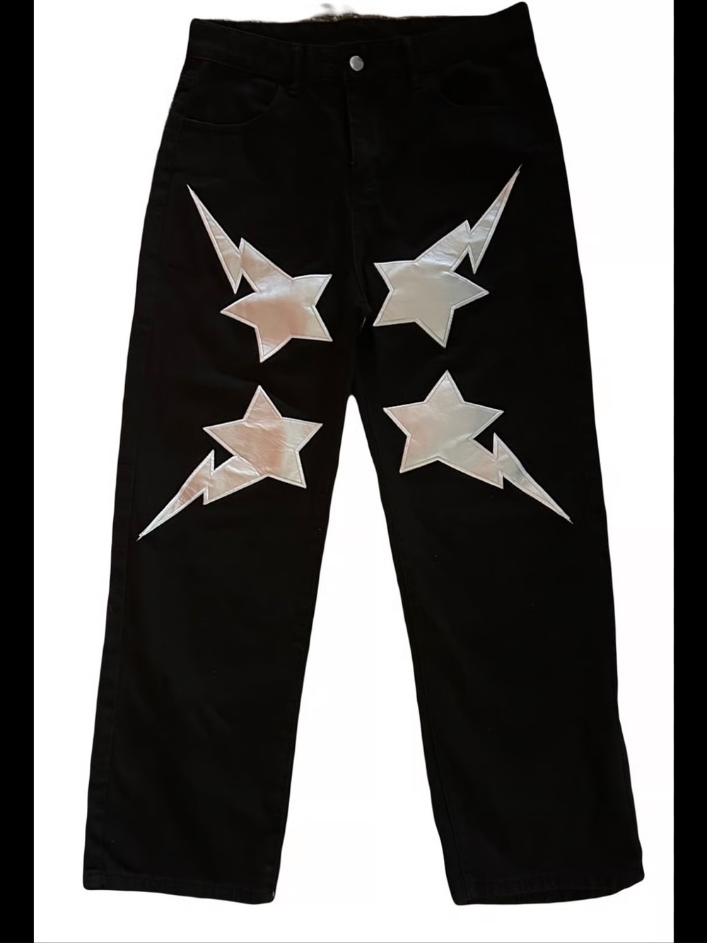Black Jeans with Silver Star & Lightning Appliqués